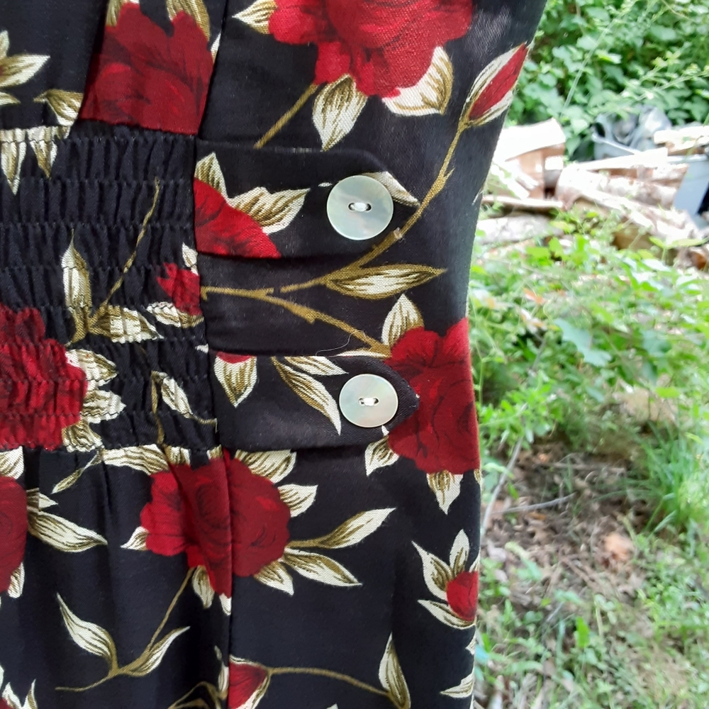 90s floral red rose black maxi dress faux vest and loads of buttons sz 12 - Picture 6 of 7
